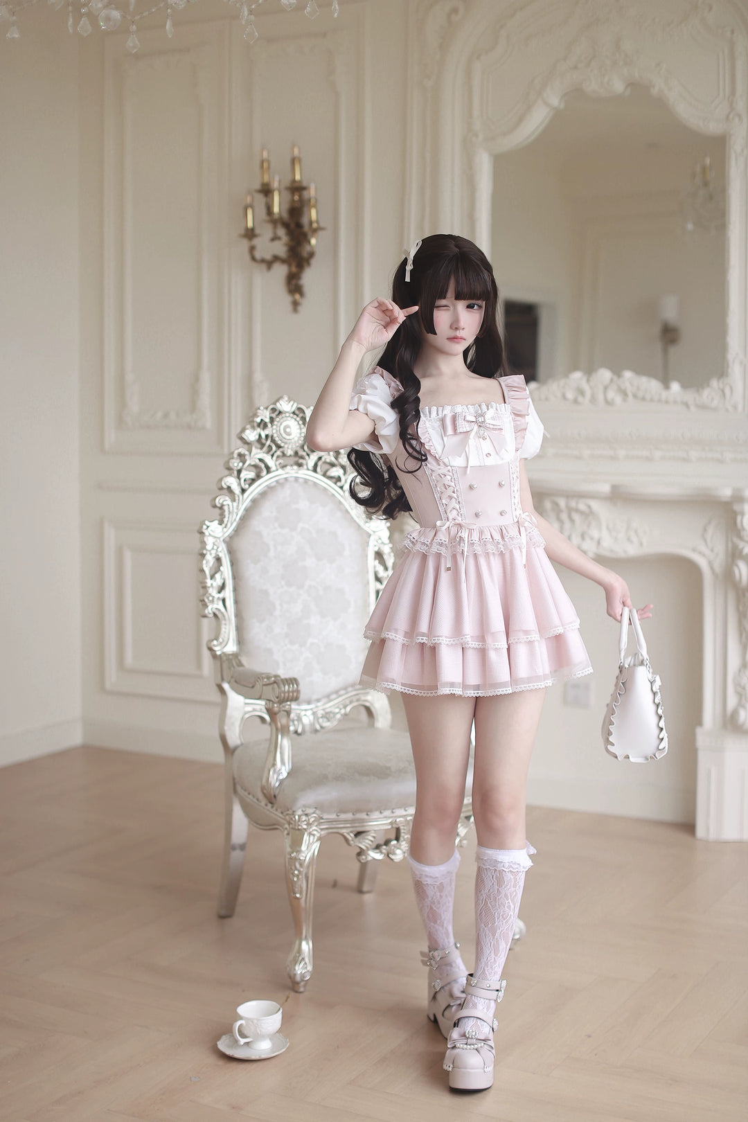 Jirai Kei Puff Sleeve Dress, Layered Tulle Hem 45340:847379