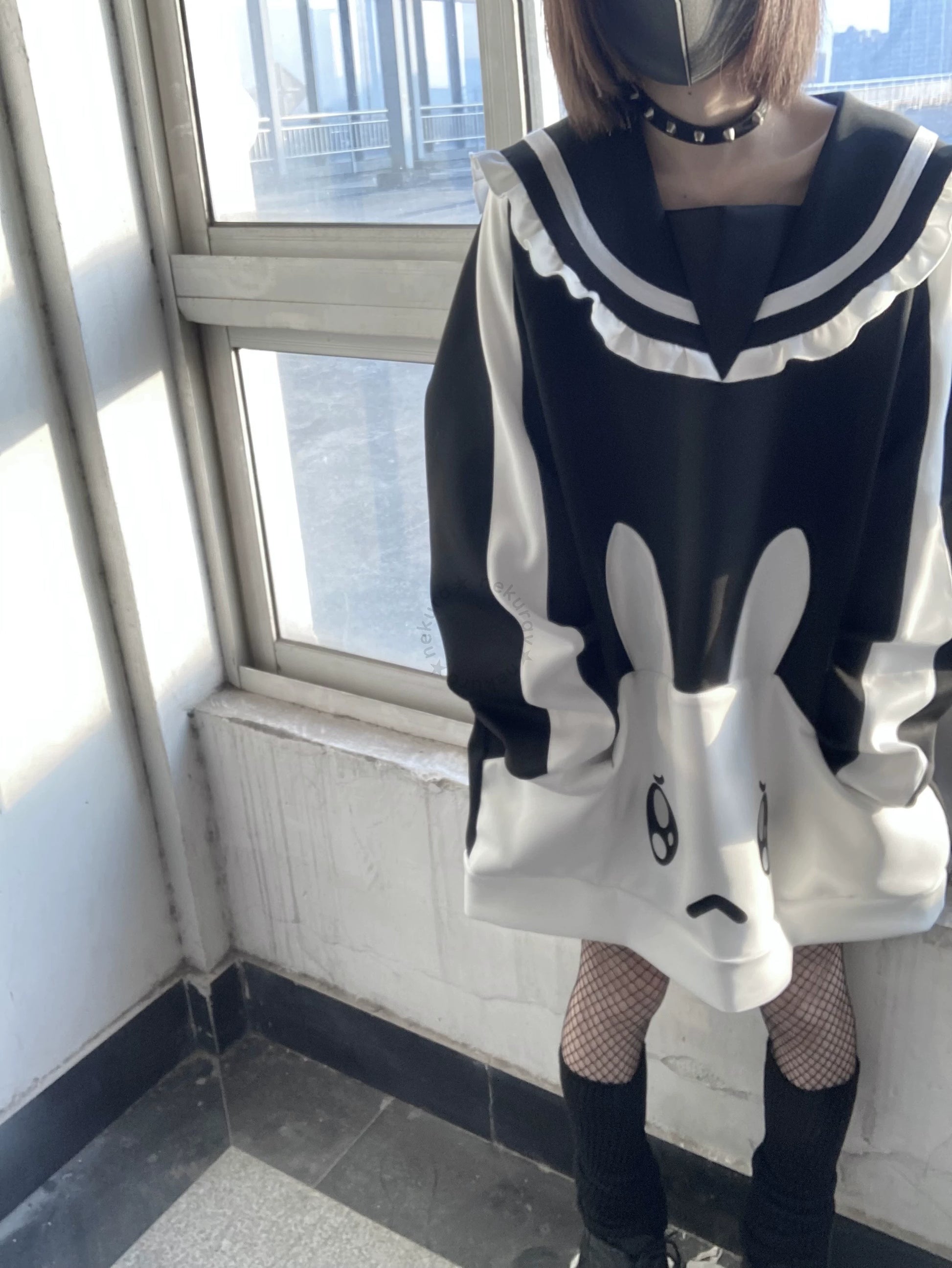 Jirai Kei Black White Hoodie With Bunny Design 29460:346906
