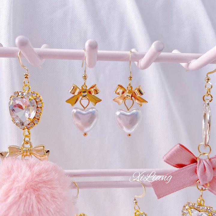 Jirai Kei Earrings Pink Heart Rhinestone Bow Ear Clips 33800:449866 33800:449866