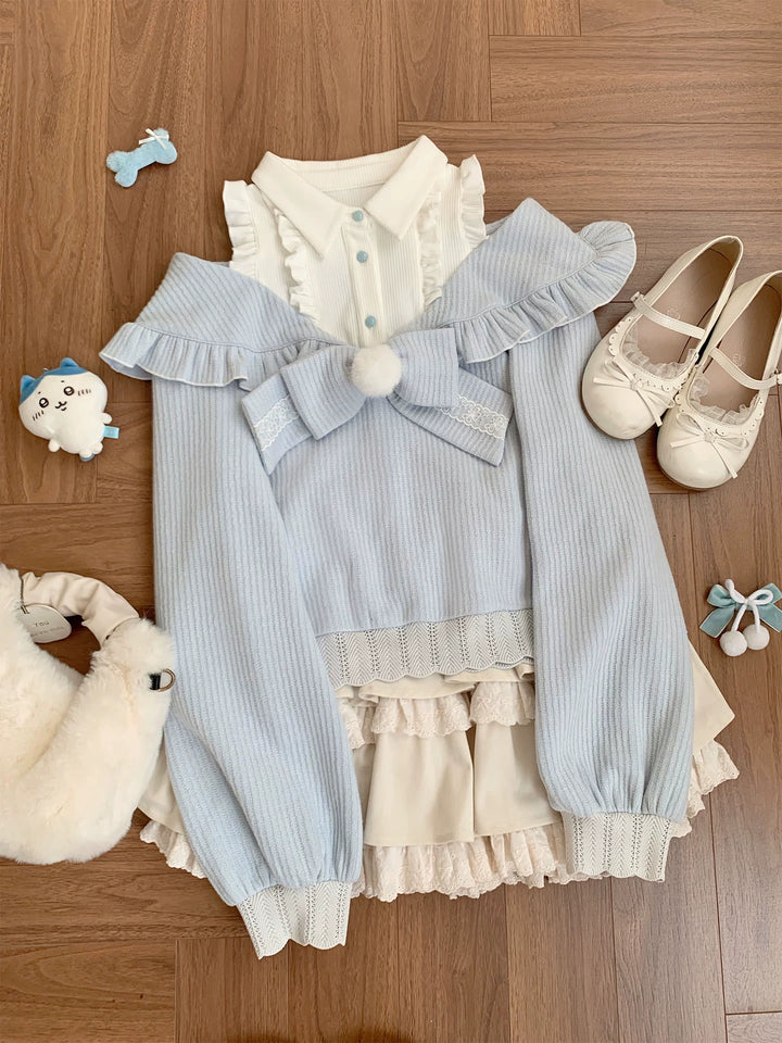 Open-Shoulder Tenshi Kaiwai Sweater, Tiered Ruffles Skirt 43775:786741