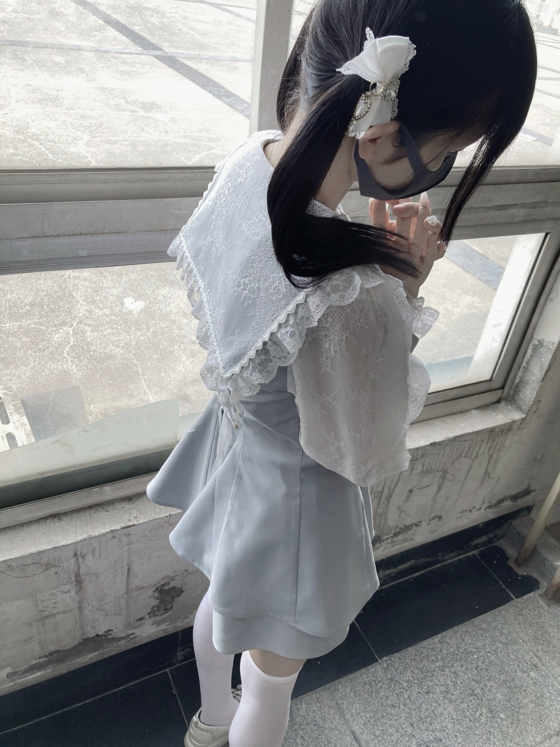 Jirai Kei Set Up Lace Sailor Collar Dress Gray Blue Dress 37638:566944