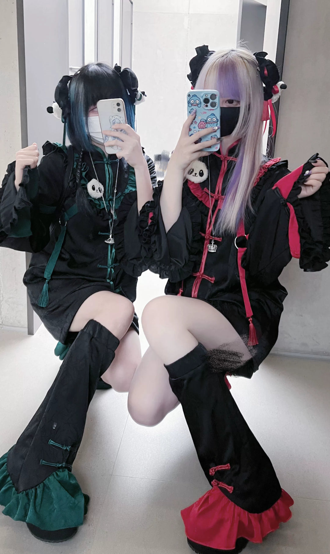 Jirai Kei Dress Set Black Green Cheongsams With Panda Detail Jirai Kei Dress Set Black Green Cheongsams With Panda Detail