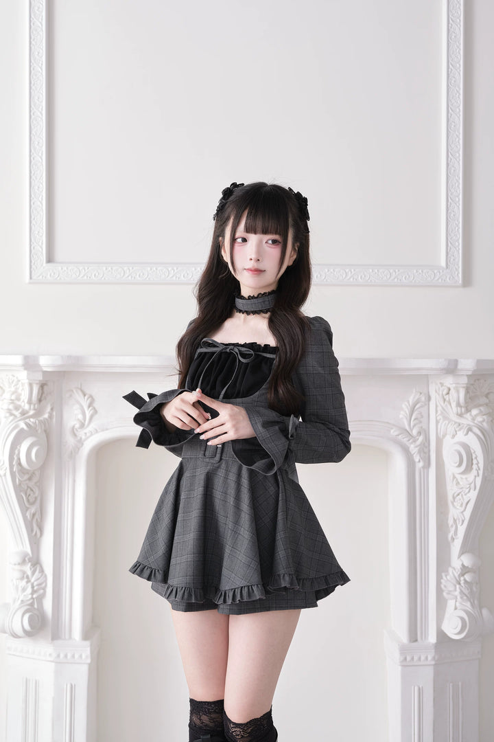 Jirai Kei Plaid Dress and Shorts Set, Lace Trim Choker 44689:819260