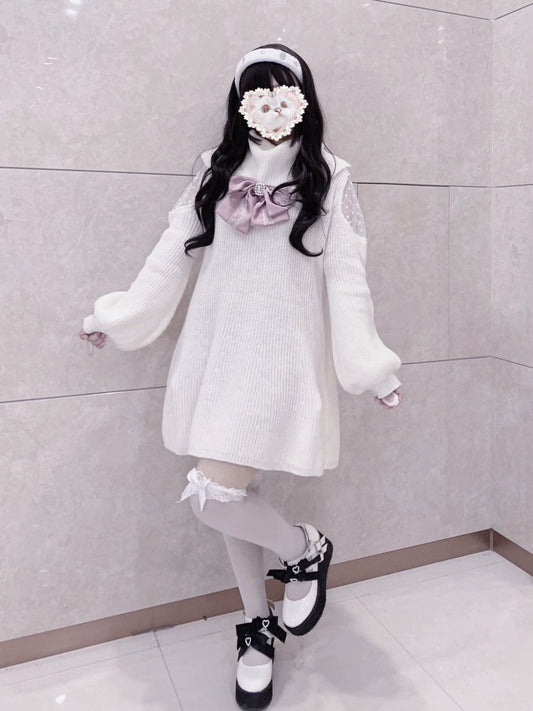 Jirai Kei White Sweater Dress Off-Shoulder Lace Dress 31844:372104