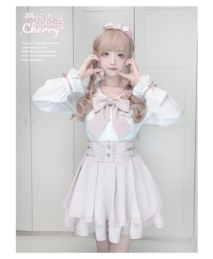 Jirai Kei Outfit A-Line Skirt and Long-Sleeved Blouse with Rhinestone Bow 42520:744275