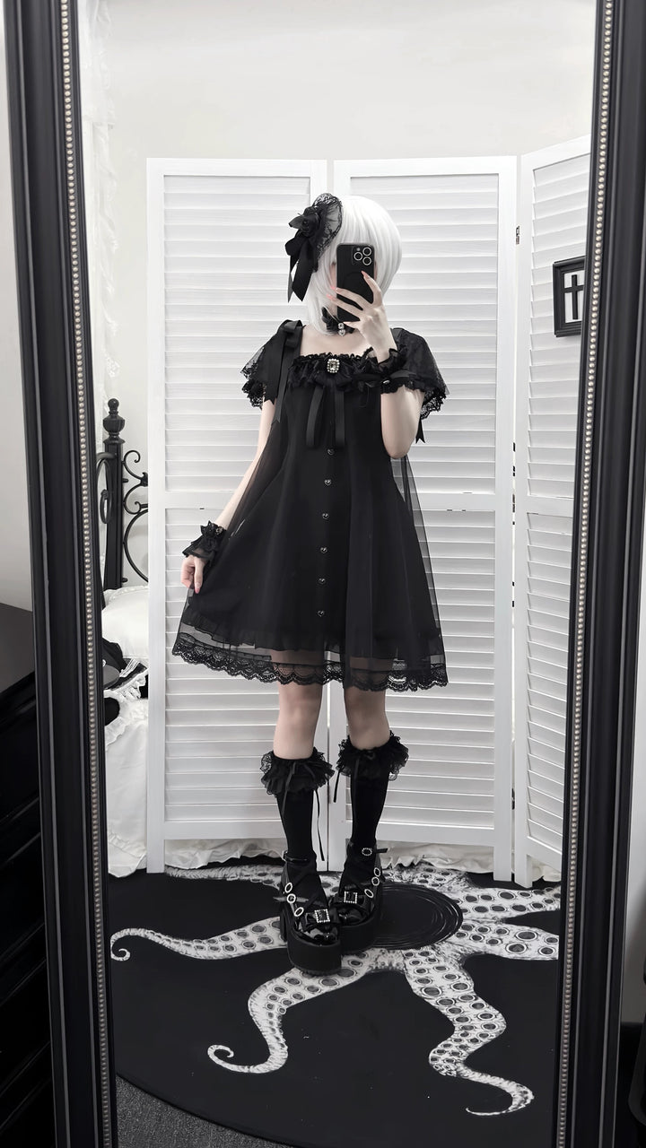 Jirai Kei Tulle Overlay Dress, Square Neckline 45558:855518
