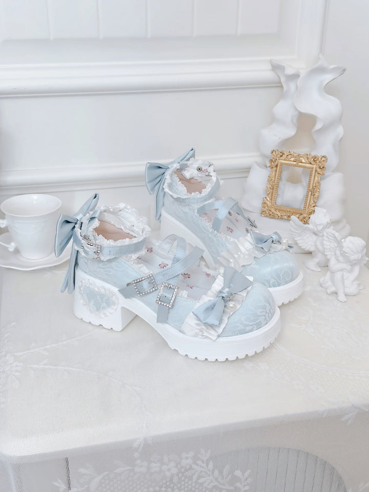 Classic Lolita Mary Jane Shoes, Lace Tulle & Ribbon Bow (34 35 36 37 38 39 40 41 42) 46012:873466