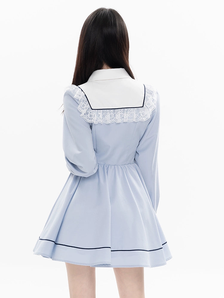 Kawaii French Style Light Blue Long Sleeve Ribbon Dress 21990:325092