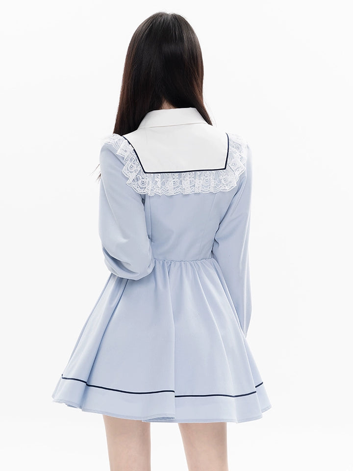 Kawaii French Style Light Blue Long Sleeve Ribbon Dress 21990:325092 21990:325092