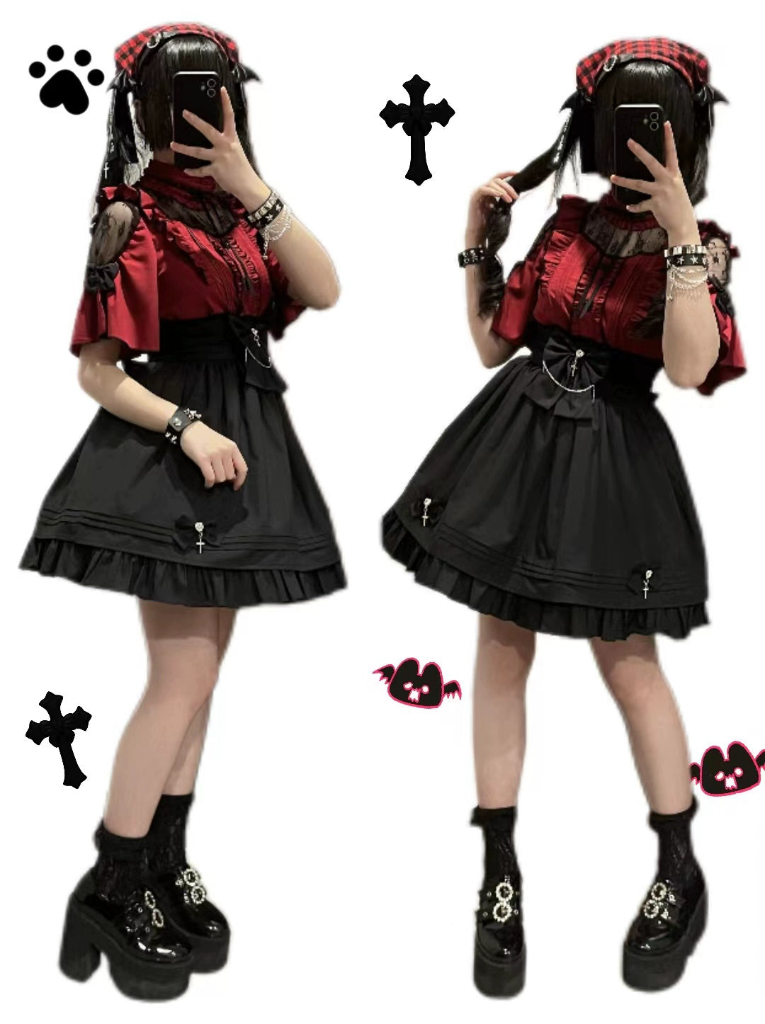 Jirai Kei Blouse Gothic lace Ribbon Blouse And Skirt Set 35596:538248