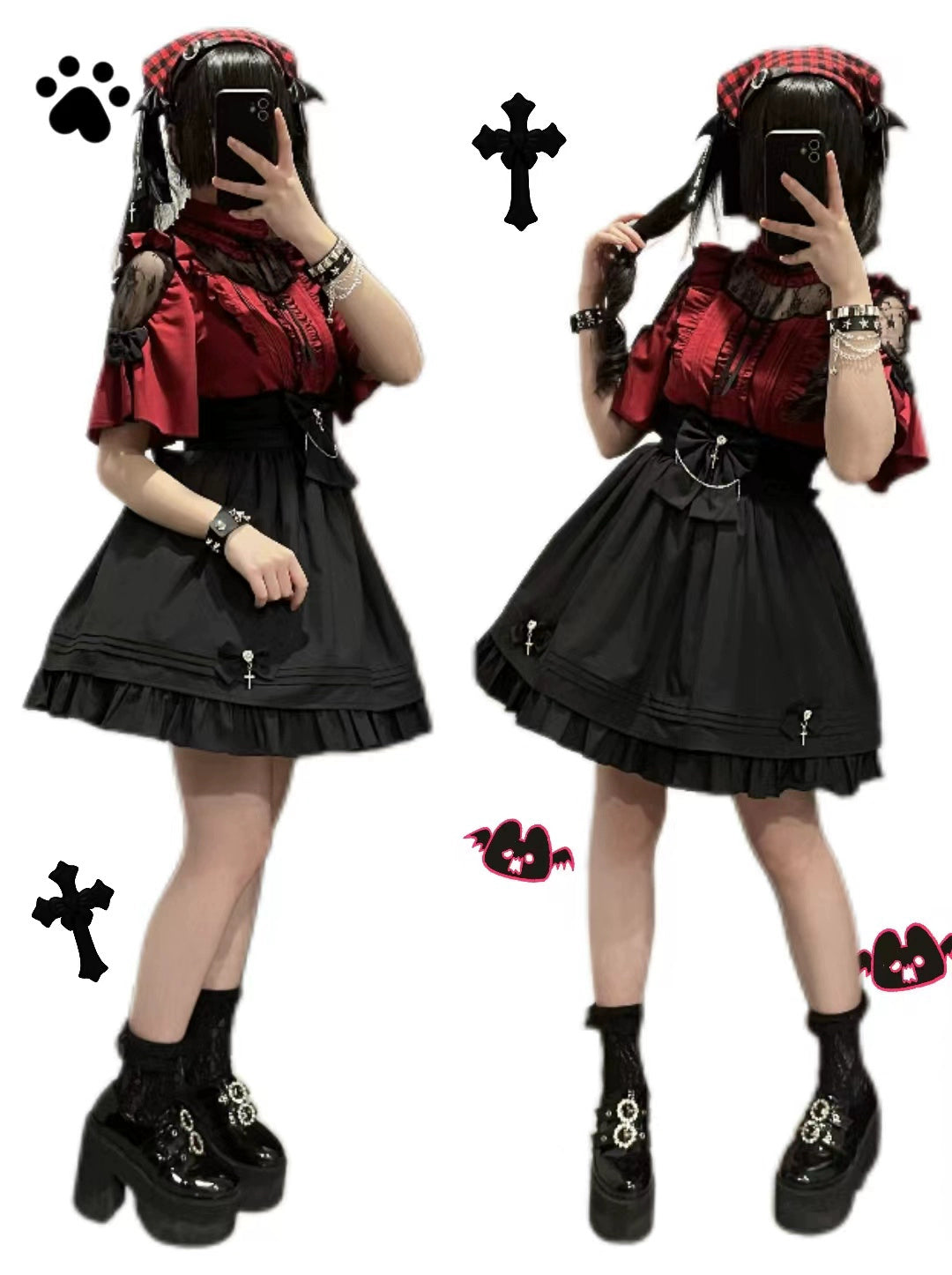 Plus Size Jirai Kei Set Up Gothic Blouse And Skirt Set 35596:538248