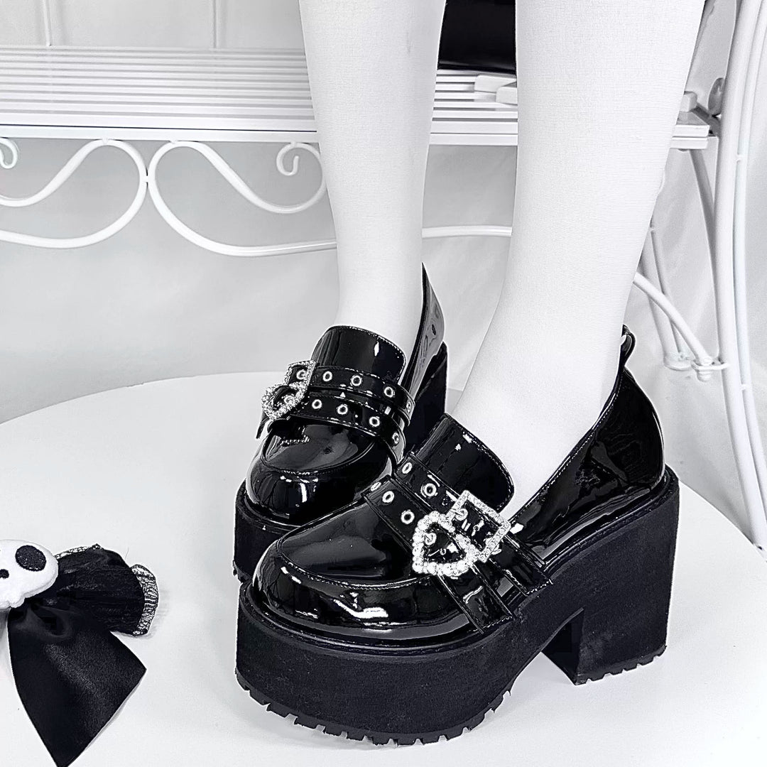 Punk Slip-on Platform Shoes, Heart Rhinestone Buckle Strap 45864:867042