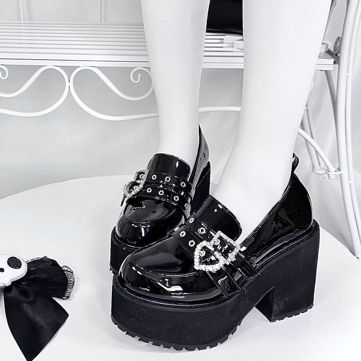 Punk Slip-on Platform Shoes, Heart Rhinestone Buckle Strap 45864:867042