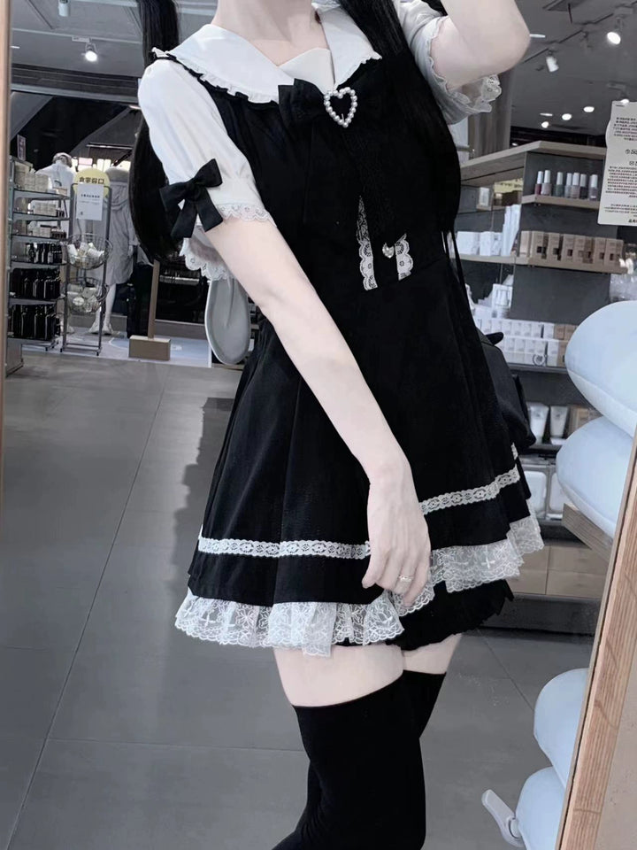 Jirai Kei Set Up Bunny Sailor Collar Dress Short Sleeve Set (L M S XL / Black) 38778:602186