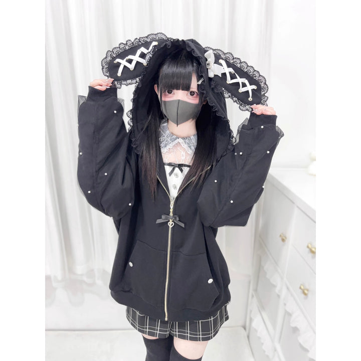 Plus Size Jirai Kei Coat Hooded Jacket With Bow And Pearl (M / Black) 39878:638240