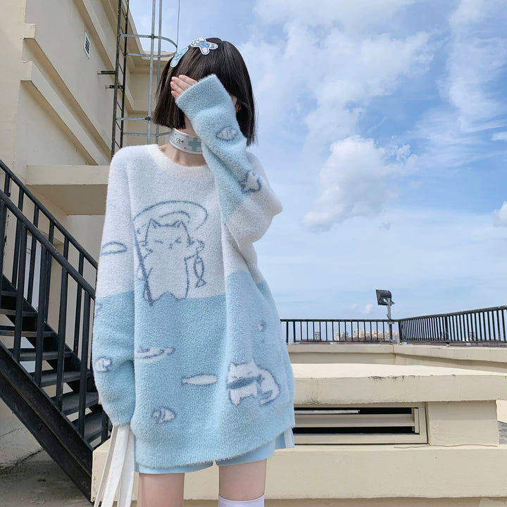 Tenshi Kaiwai Sweater Blue Sweatshirt Round Neck Top 41160:694098