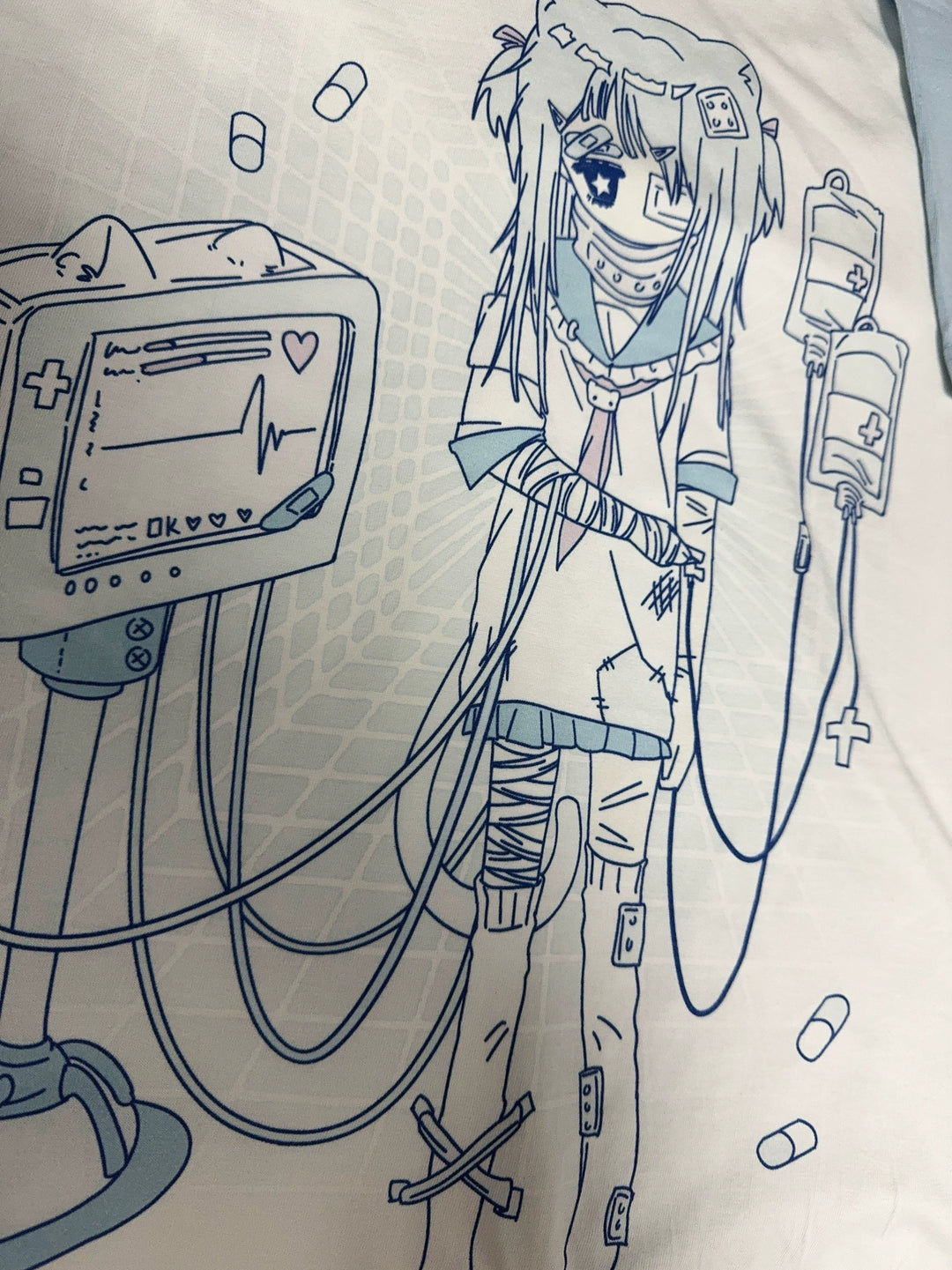Cotton Jirai Kei T-shirt with Bandaged Girl & ECG Print 42906:757319