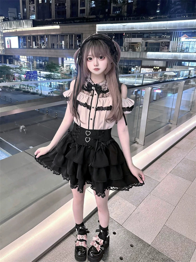 Jirai Kei Off Shoulder Blouse, Tiered Skirt 45584:856510
