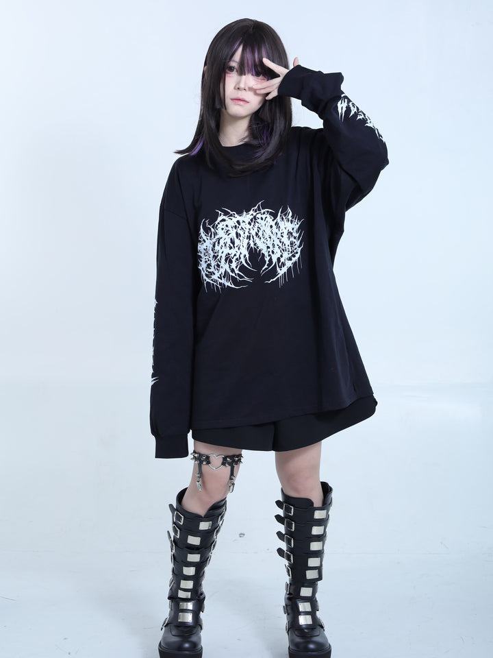 Gothic Jirai Kei Black Sweatshirt with Long Sleeves and Drop Shoulder 42328:736458