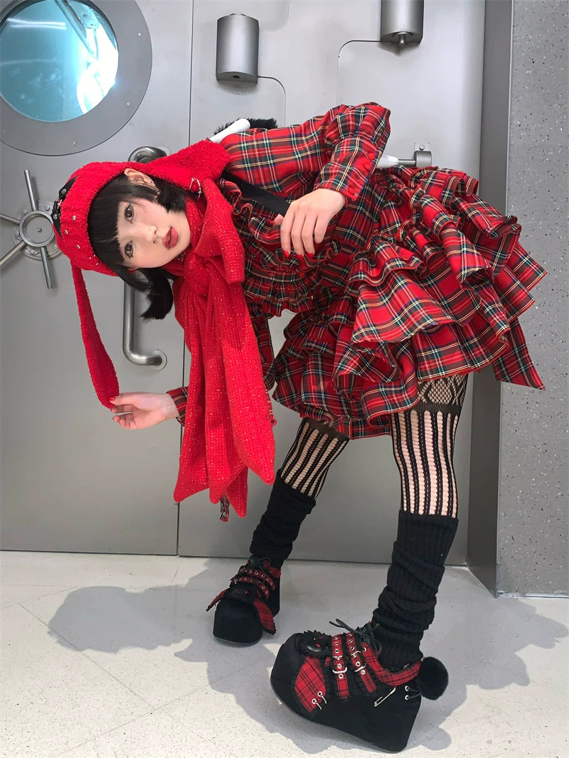 Y2K Shoes Red Plaid Platform Shoes Bandage Bunny Shoes 34394:471196 34394:471196