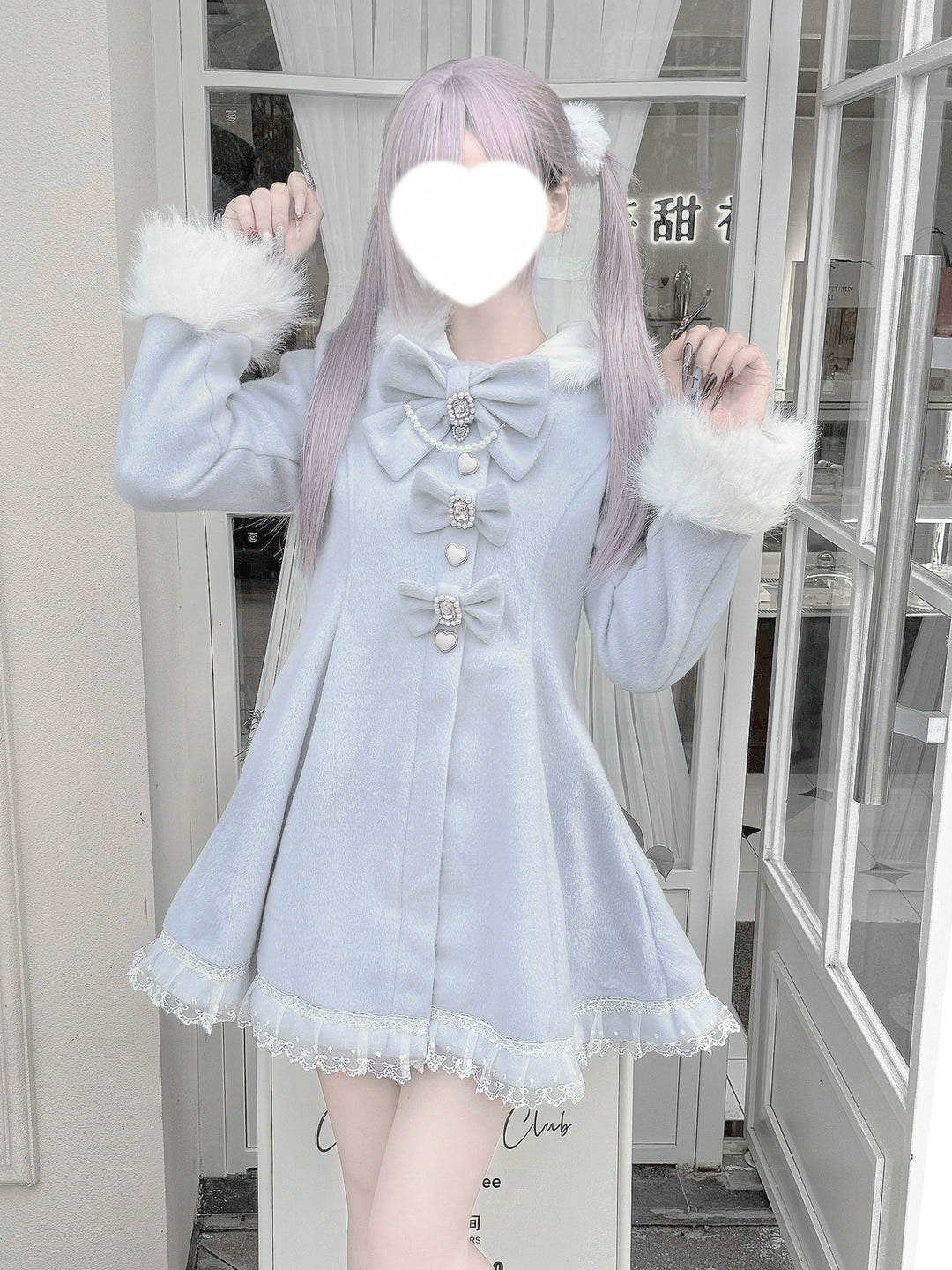 Wool-Blend Ryousangata Coat, Detachable Bunny Ear Hood 44014:792995