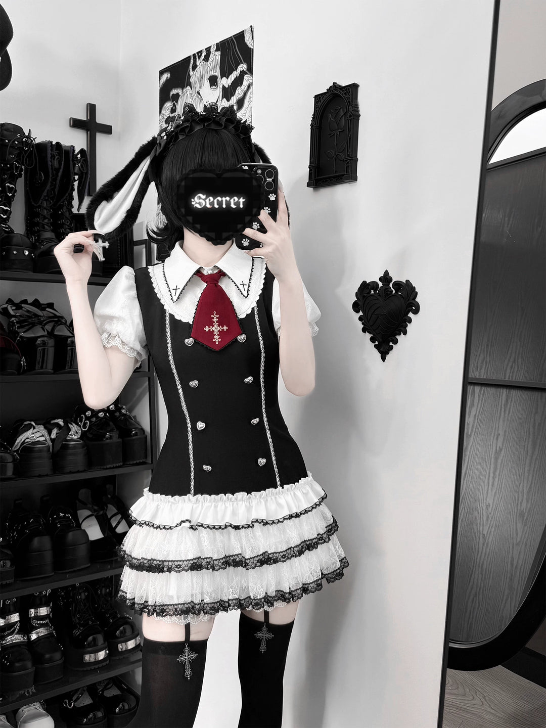 Preppy Style Low-Waist Dress Set, Cross Details 44746:823815