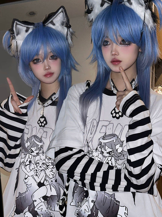 Punk Subculture Anime Striped Patchwork Long Sleeve T-shirt 29462:346860
