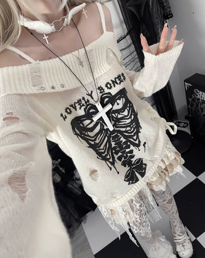 Y2K Sweater Butterfly Bone Off-Shoulder Top Subculture Shirt 38526:593202