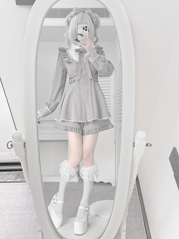 Jirai Kei Striped Dress, Lace Trim and Ruffles 45369:848098