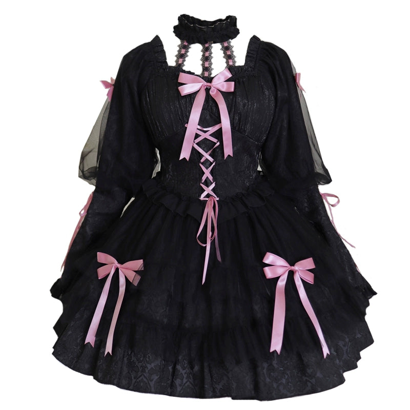 Gothic Lolita Dress Long Sleeve Dress Black Pink Puffy Dress 32084:381952