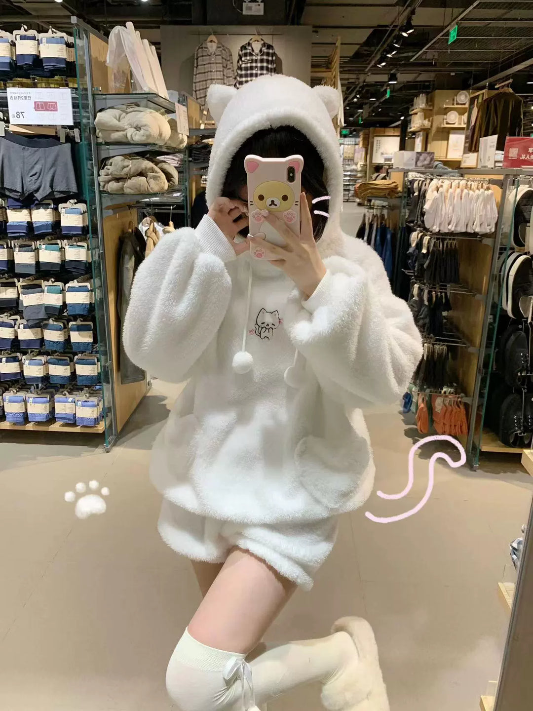 Kawaii Coat Cat Embroidered Plush Hoodie Pajama Set (M S / Hoody Shorts) 39716:644556