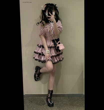 Jirai Kei Black And Pink Tiered Lace Skirt 21798:318530