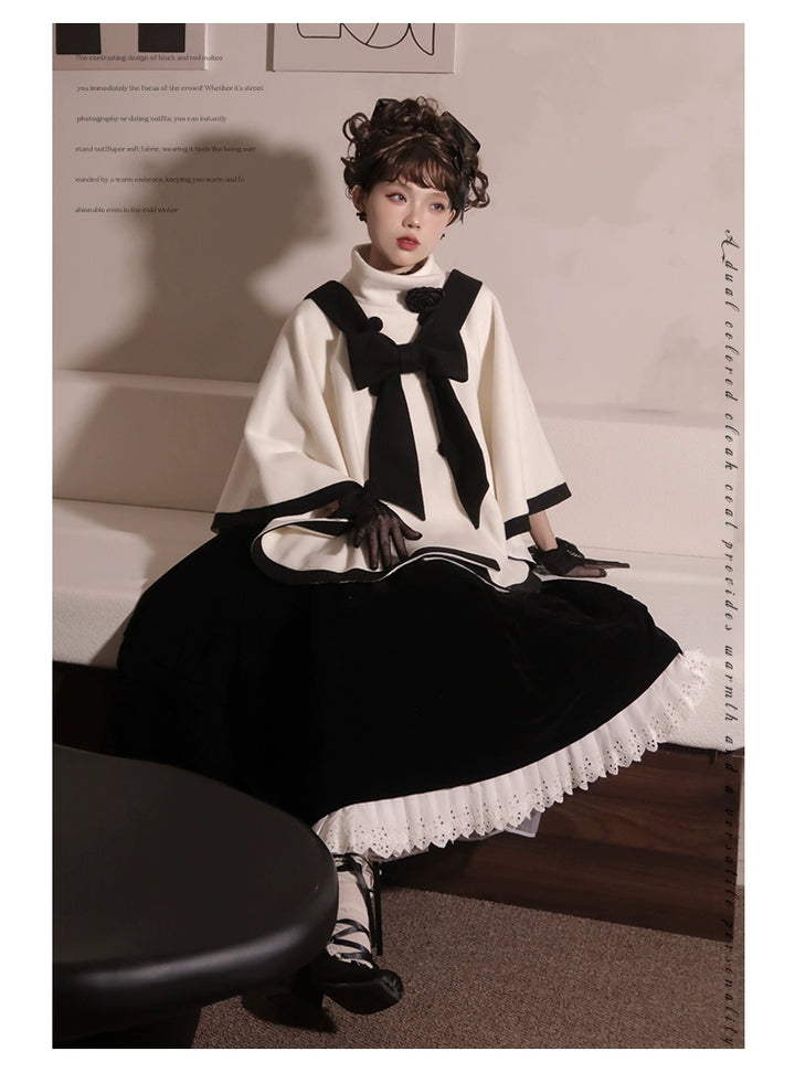 Elegant Lolita Winter Coat Black and White Camellia Cape 40284:658202