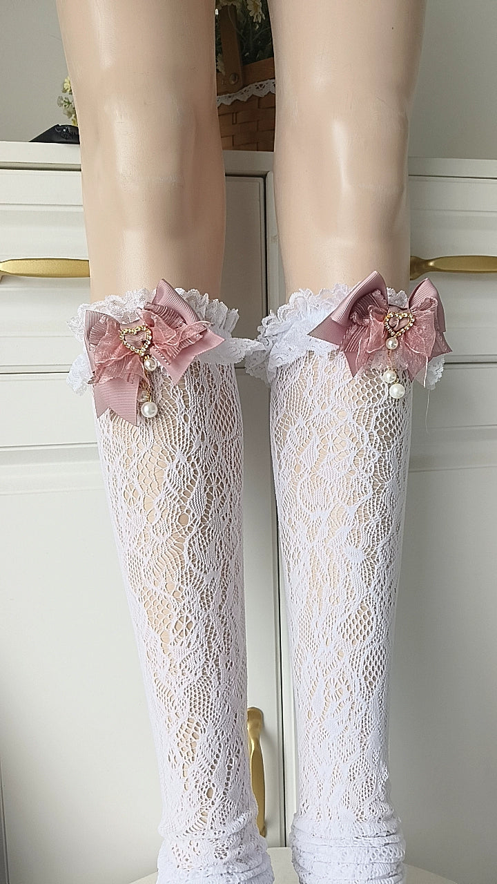 Jirai Kei Mid Length Cotton Socks, Bows and Pearls 44121:797911