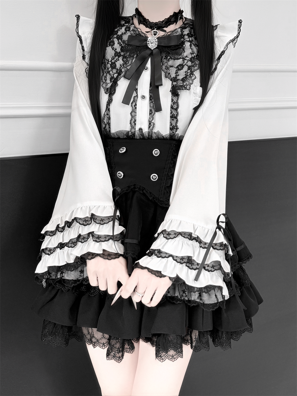 Jirai Kei Lace Blouse, High-Waist Tiered Skirt 44525:811421