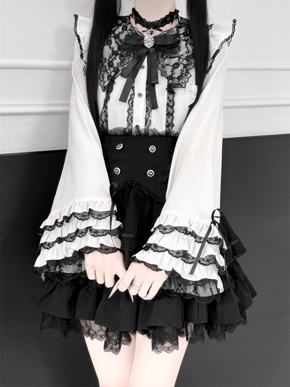 High-Waisted Jirai Kei Skirt, Lace Hem 44810:822728