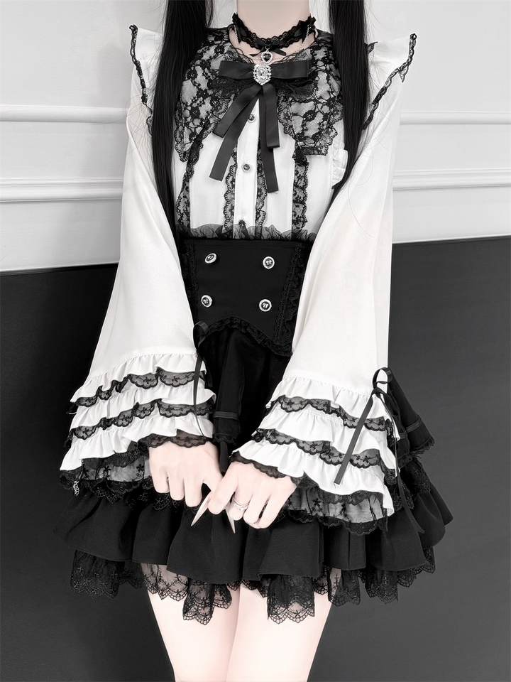 High-Waisted Jirai Kei Skirt, Lace Hem 44810:822728