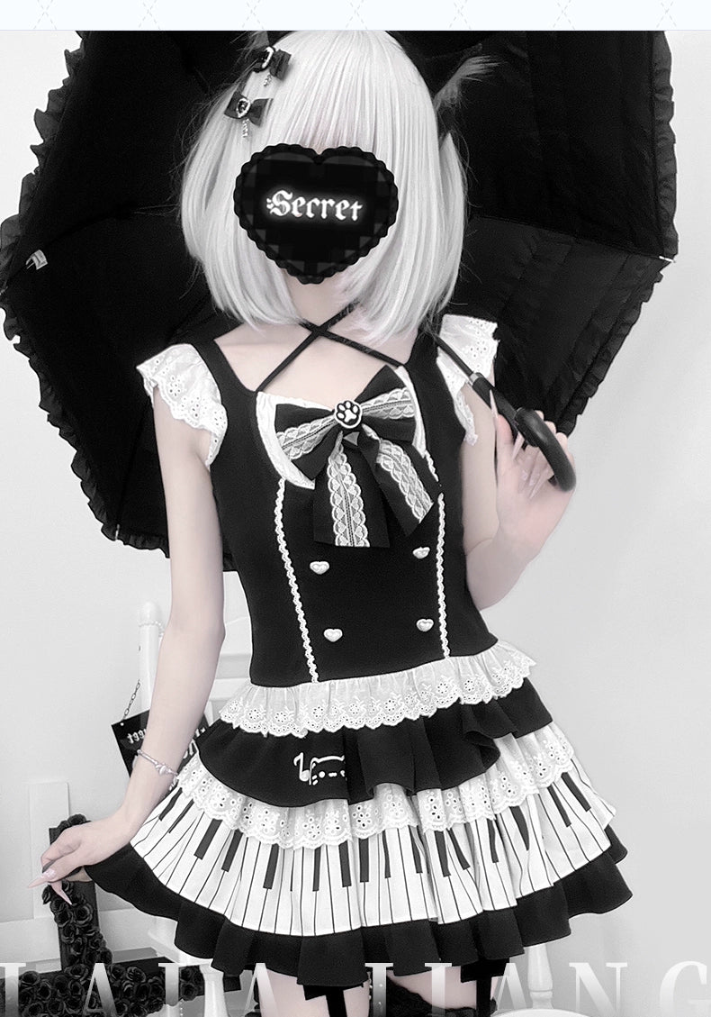 Halter Neck Kawaii Skirt Set, Cat and Piano Print 43577:780196