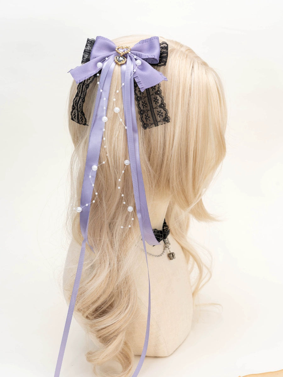 Jirai Kei Hair Clip Lace Rhinestone Heart Ribbon Headwear 32286:380674 32286:380674