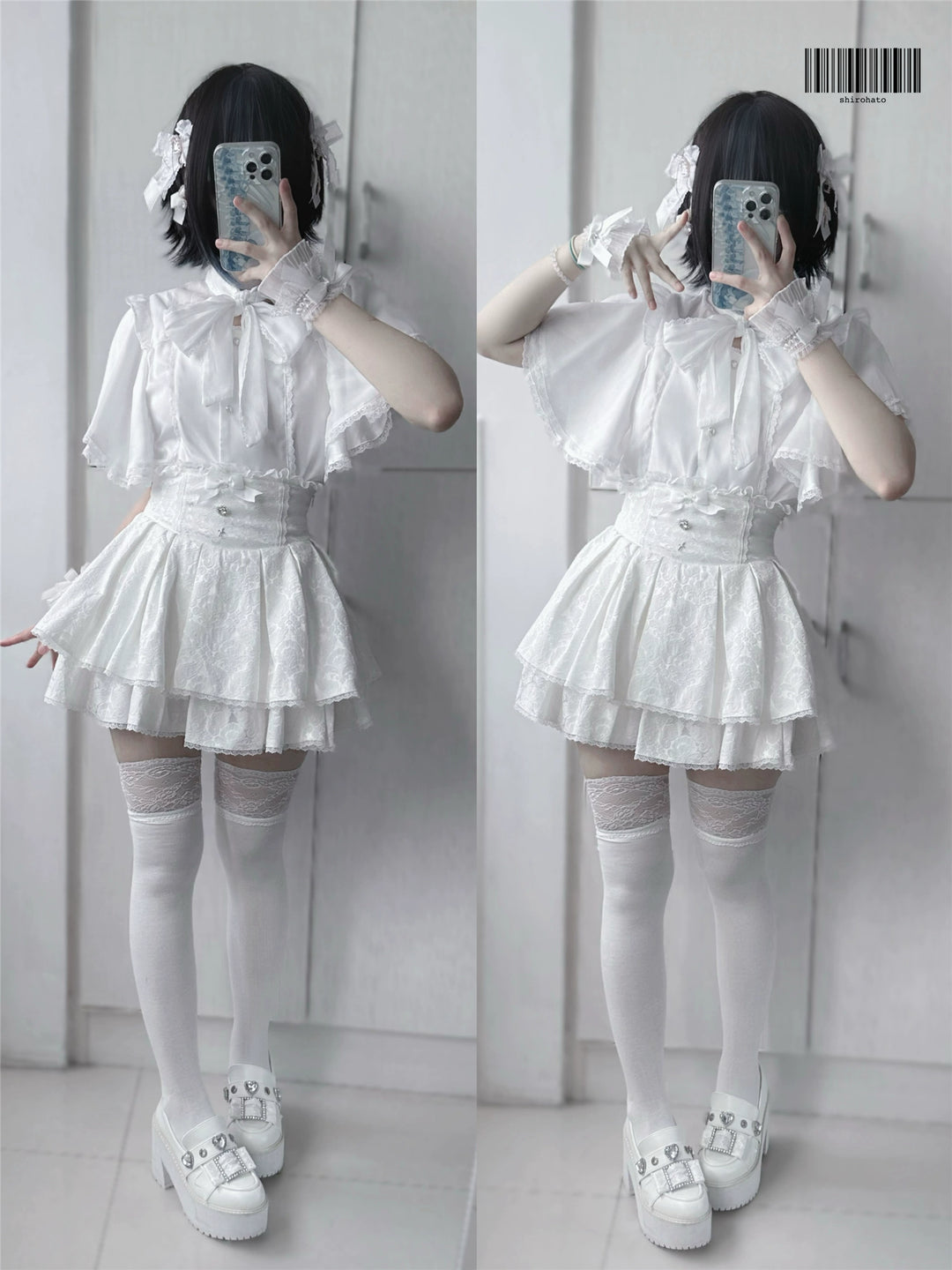 Ruffled Cape Sleeves Jirai Kei Blouse With Heart Pearl Buttons 43036:762549