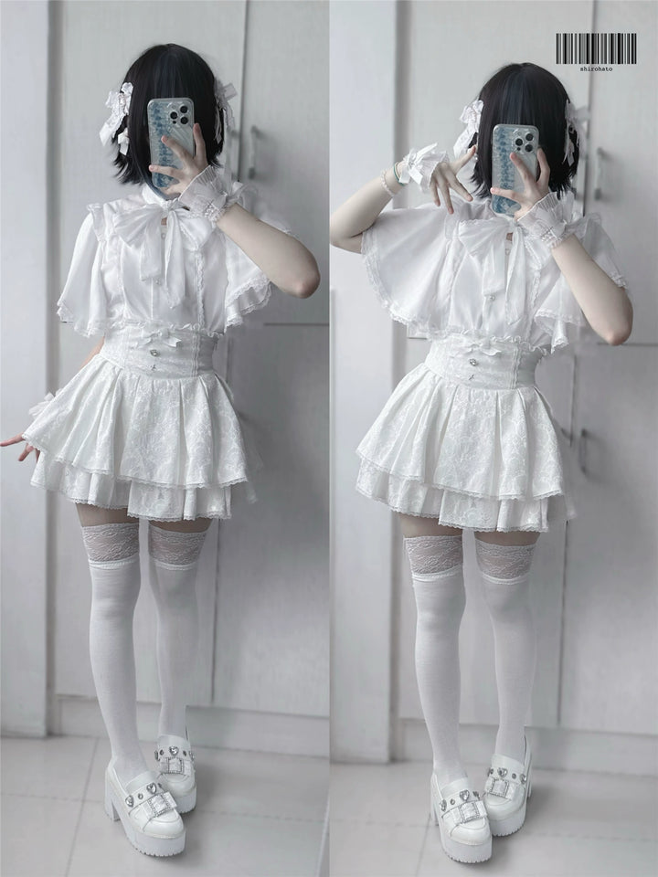 Ruffled Cape Sleeves Jirai Kei Blouse With Heart Pearl Buttons 43036:762549