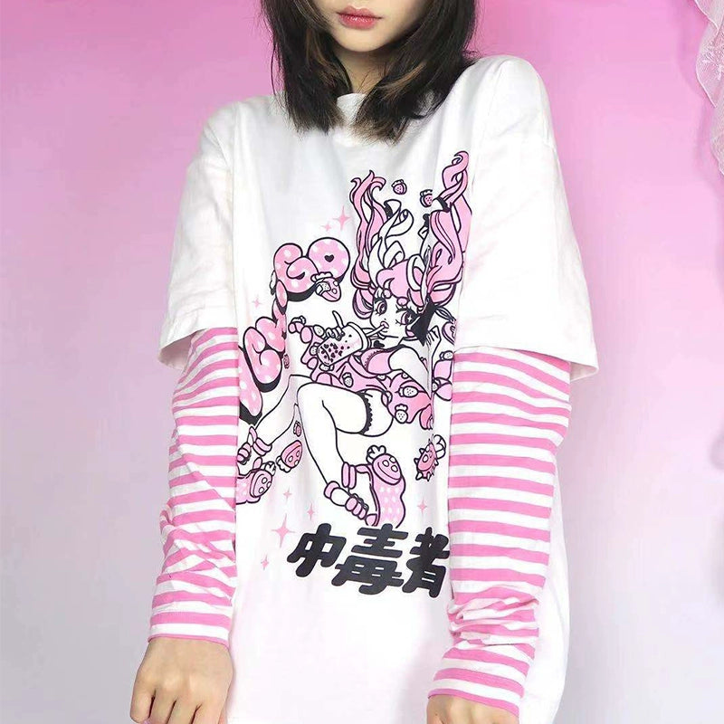 Punk Top Y2K Shirt False Two Striped Long Sleeve T-shirt