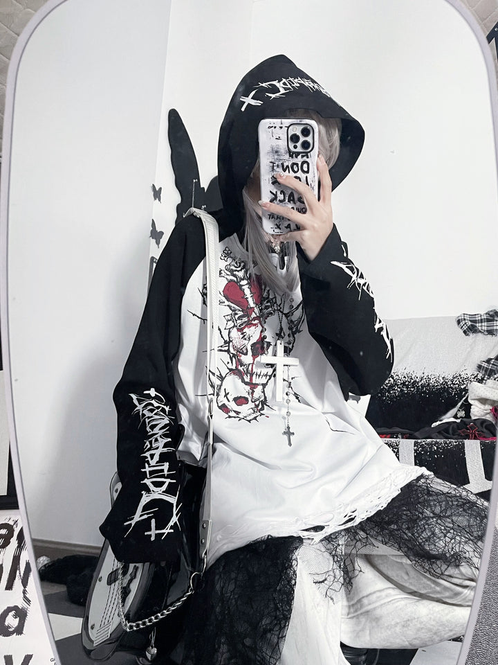 Gothic Cotton Hooded Shirt, Skull Printed 43876:788951