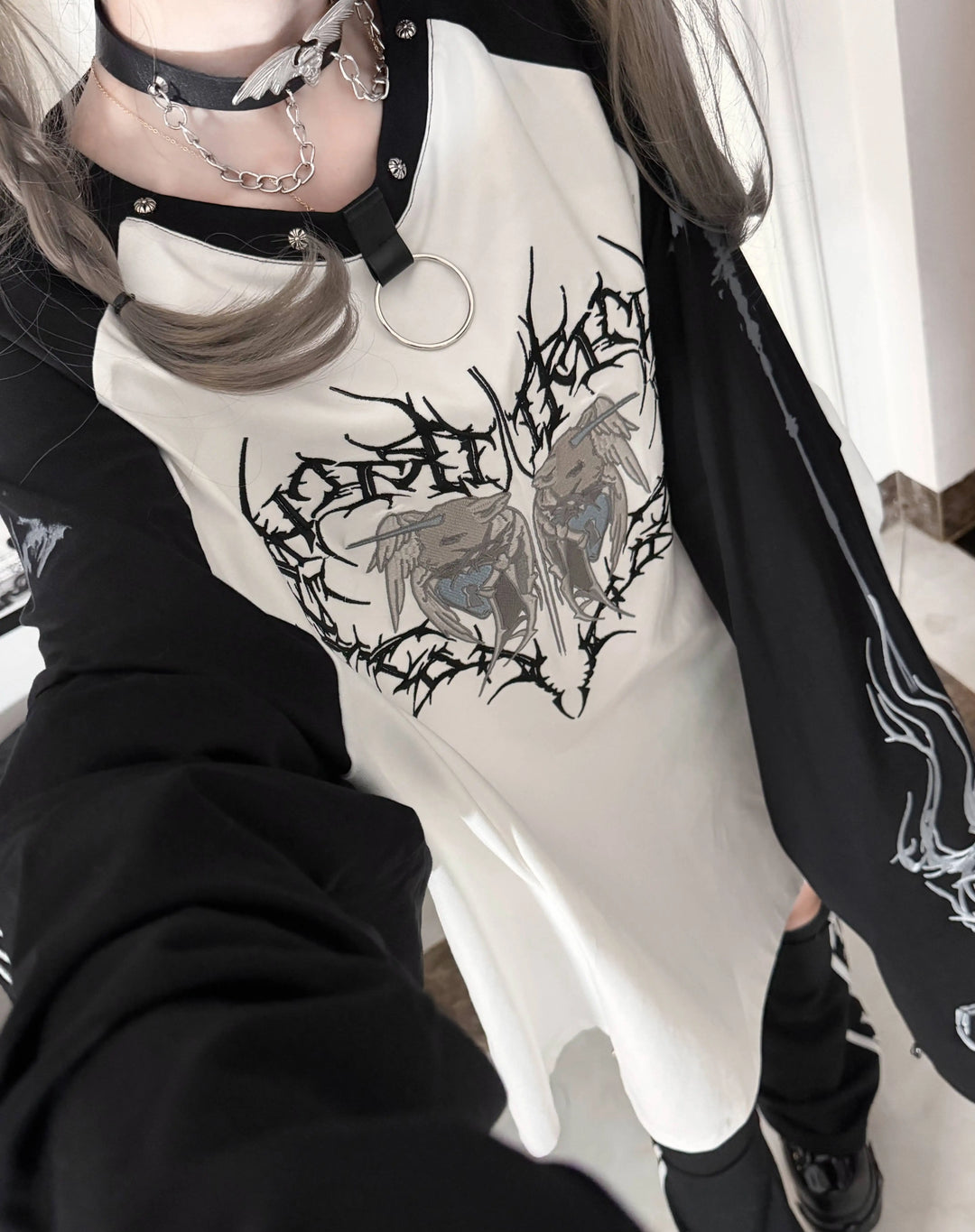 Gothic Long Sleeve Cotton T-Shirt, Demon Ram Embroidery 46062:875007