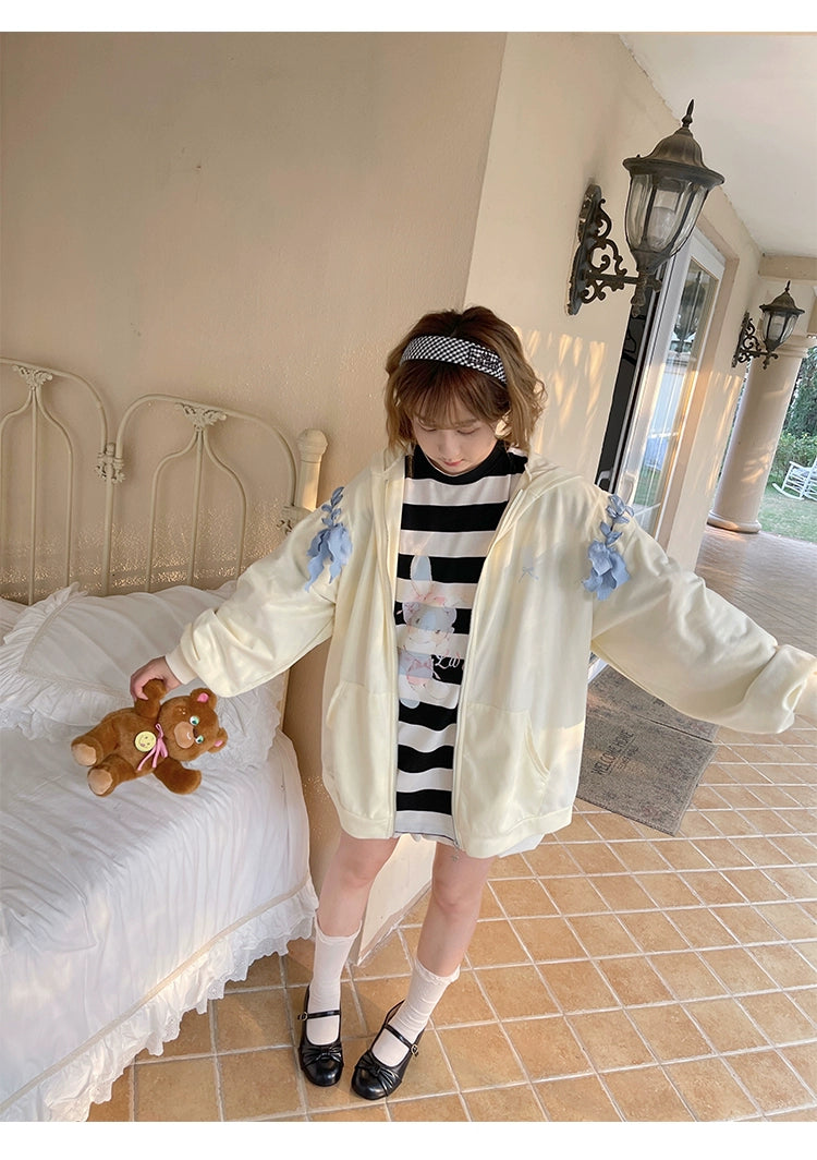 Pastel Oversized Hoodie Blue Apricot Bunny Ears Sweatershirt 22656:344360 22656:344360