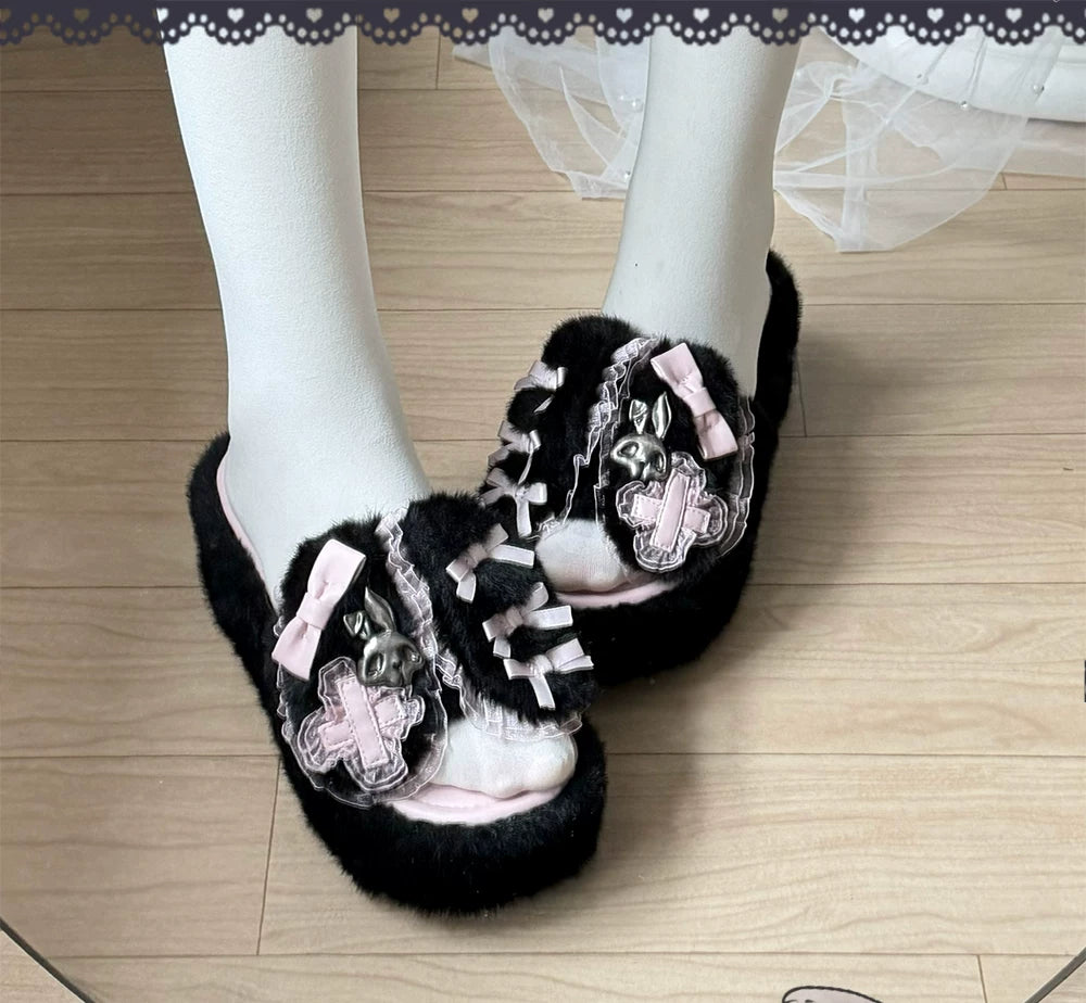 Jirai Kei Plush Wedge Platform Slippers, Bunny & Bow Accents 45959:870520