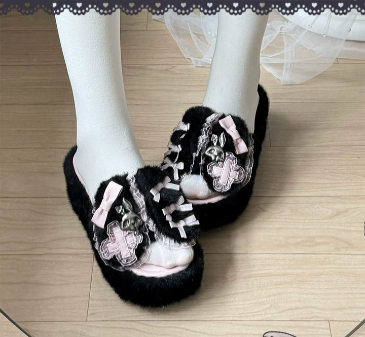 Jirai Kei Plush Wedge Platform Slippers, Bunny & Bow Accents 45959:870520