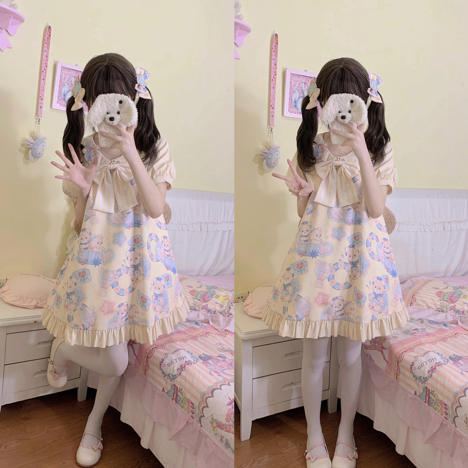 Sweet Lolita Dress Bear Print Jumper Dress Kawaii Salopette (L S) 37288:555346