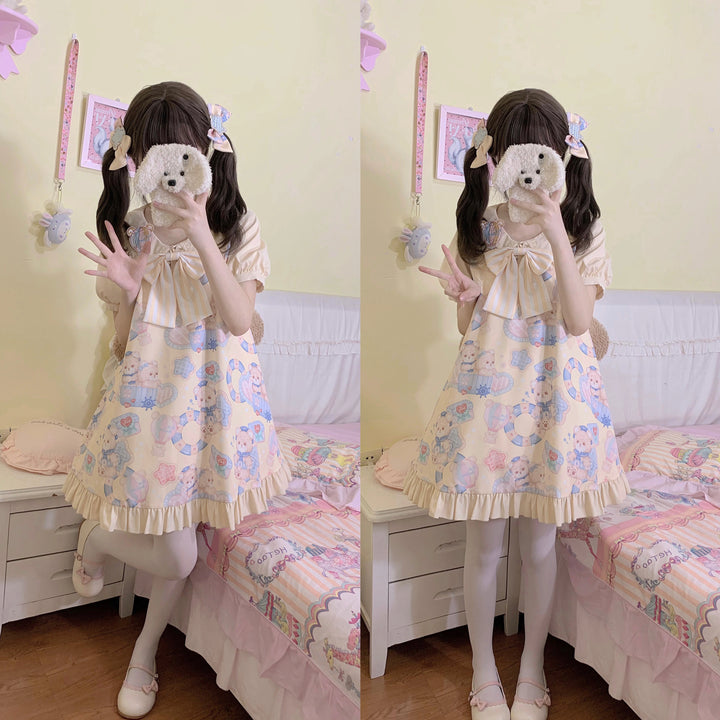 Sweet Lolita Dress Bear Print Jumper Dress Kawaii Salopette (L S) 37288:555346 (L S) 37288:555346