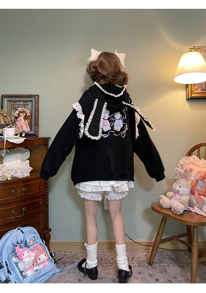 Fairy Kei Bunny Ears Hoodie Lace Coat Multicolor (Black) 22654:345434 (Black) 22654:345434